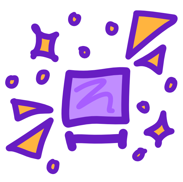 a small purple rectangle is surrounded by sparkles, below it is a small line with a perpendicular lines at each end.